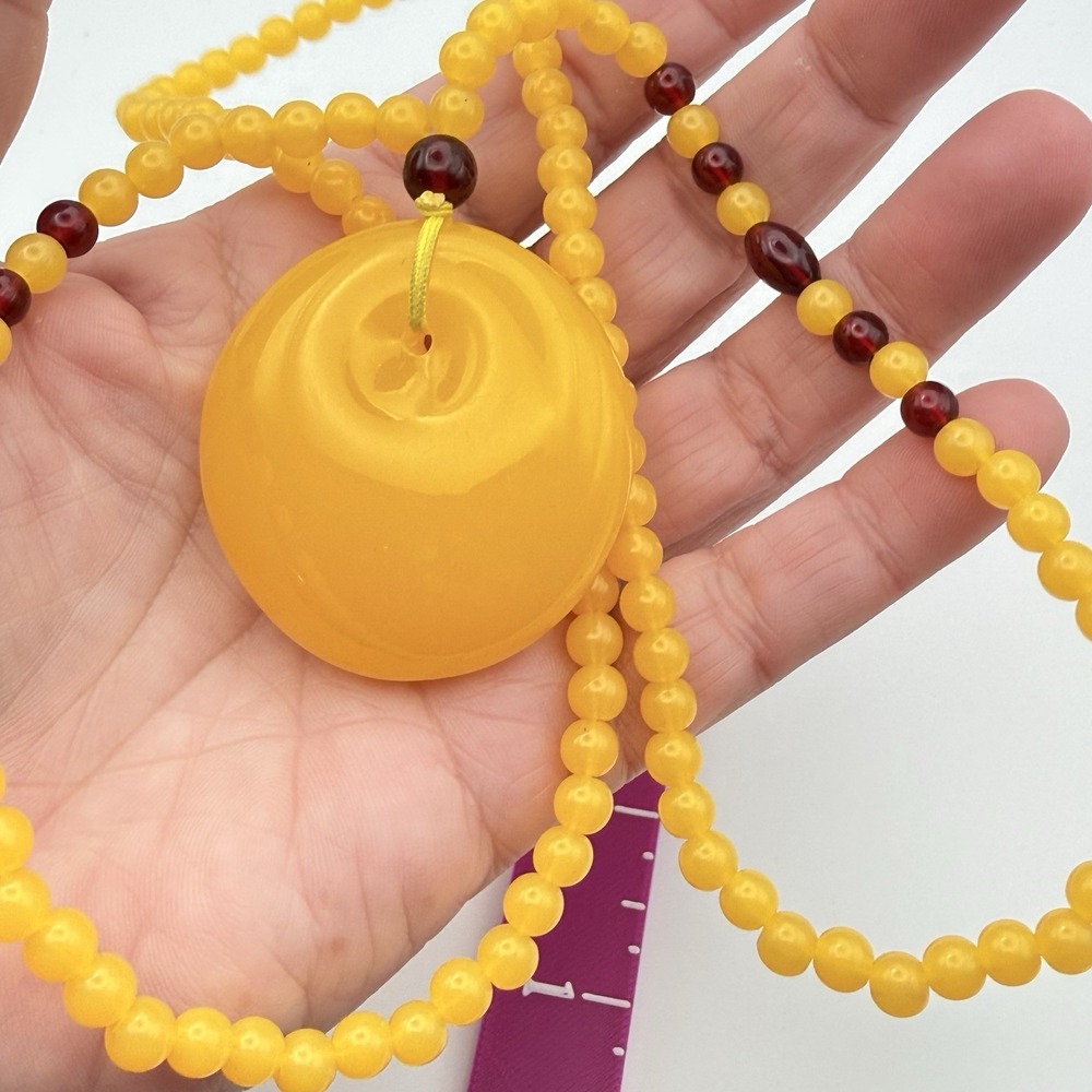 Yellow Donut Pendant Necklace Round Bead Strand Red Accent Beads 28 Inch